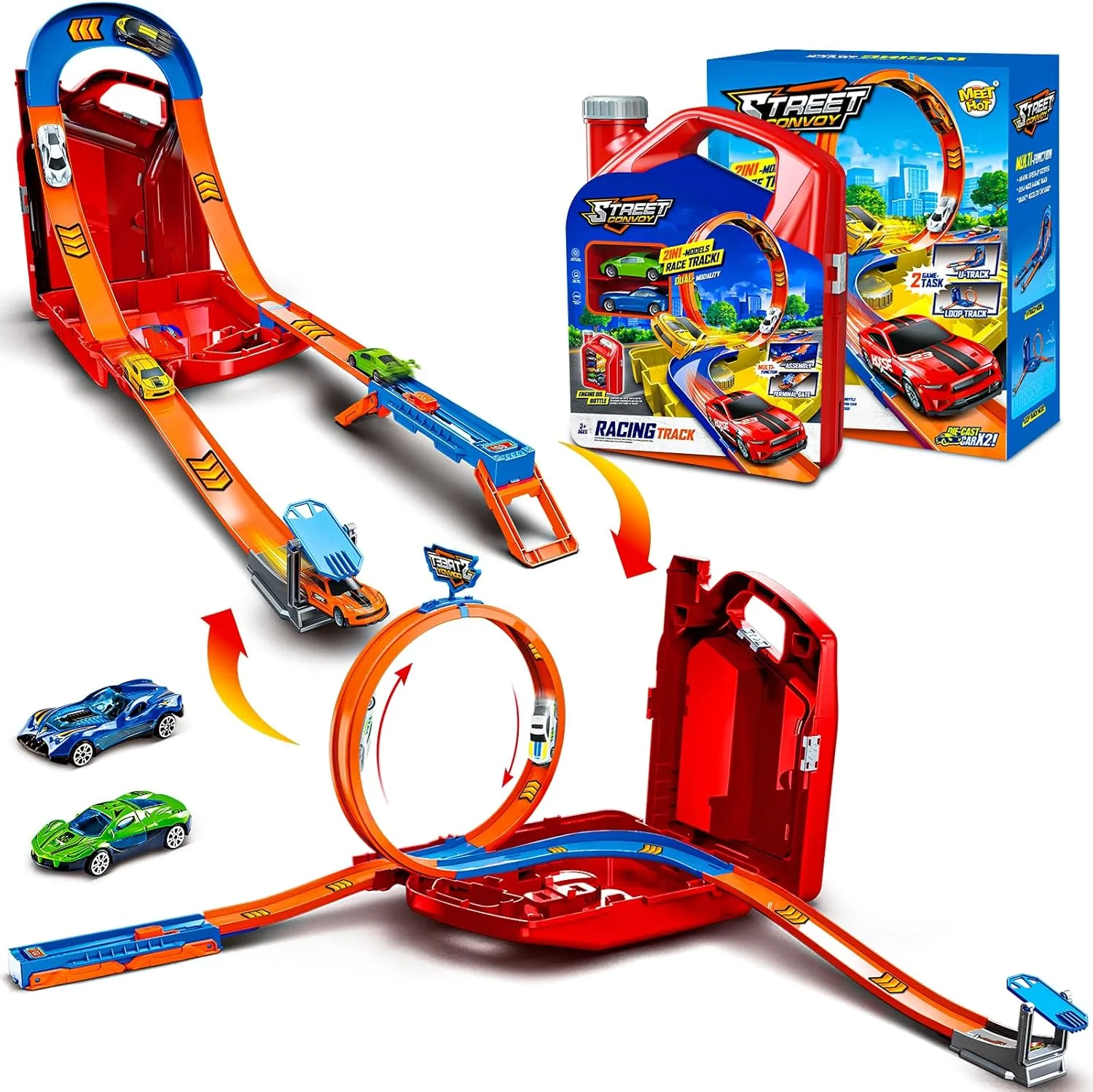 Race Track Toy Car Set with 2 Race Cars,2 in 1 Magic Tracks Style with Storage Box,Changeable Tracks Toys Birthday Gifts for Kids 3 4 5 6 7 8 Year Old Boys Girls(Red)