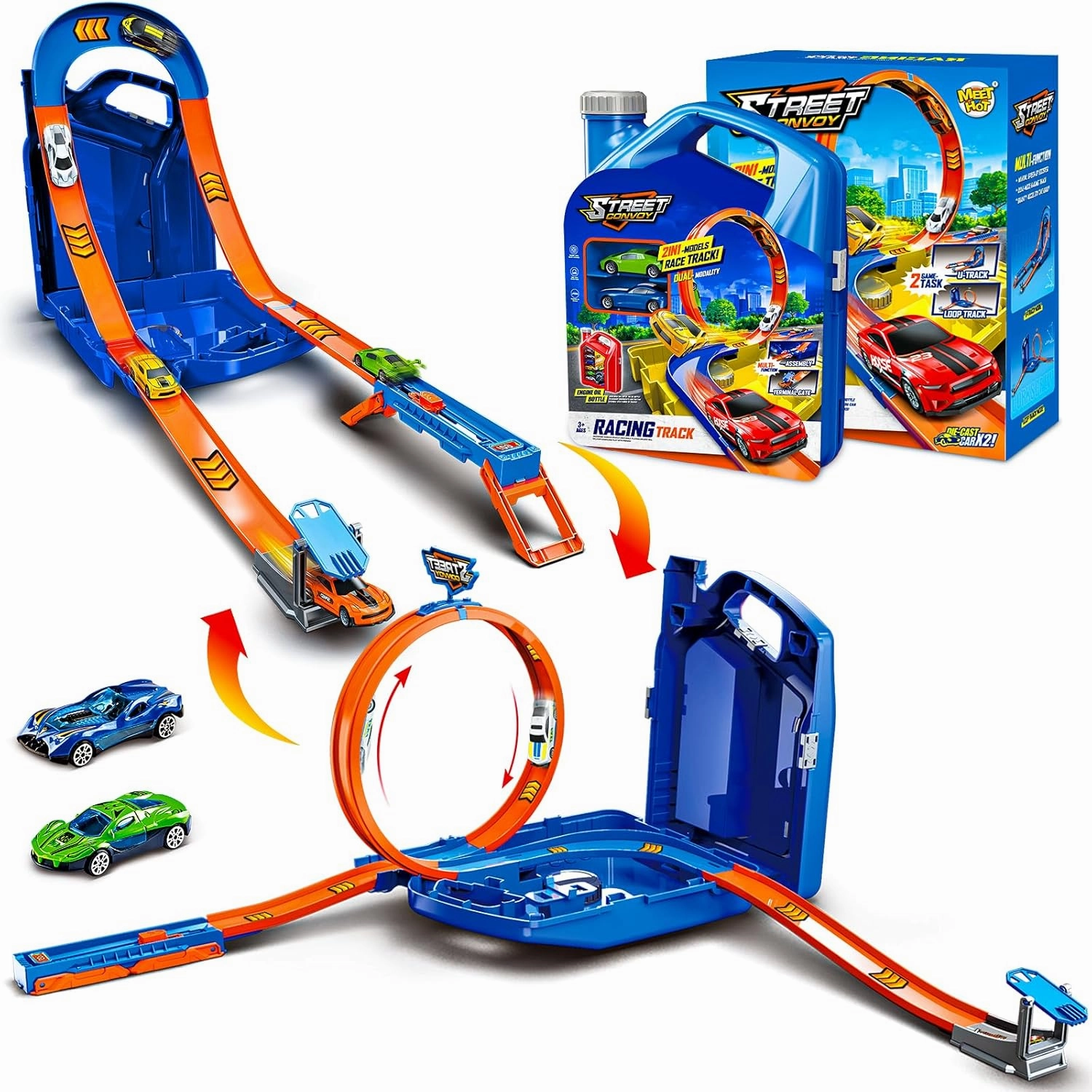Race Track Toy Car Set with 2 Race Cars,2 in 1 Magic Tracks Style with Storage Box,Changeable Tracks Toys Birthday Gifts for Kids 3 4 5 6 7 8 Year Old Boys Girls (Blue)