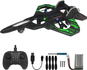 RC Airplane for Kids and Beginners, 2.4GHz Foam Drone Remote Control Airplane Outdoor Flying Toy, 360° Drop-Resistant Stunt Spin Remote Fighter Jet with Lights (Green)