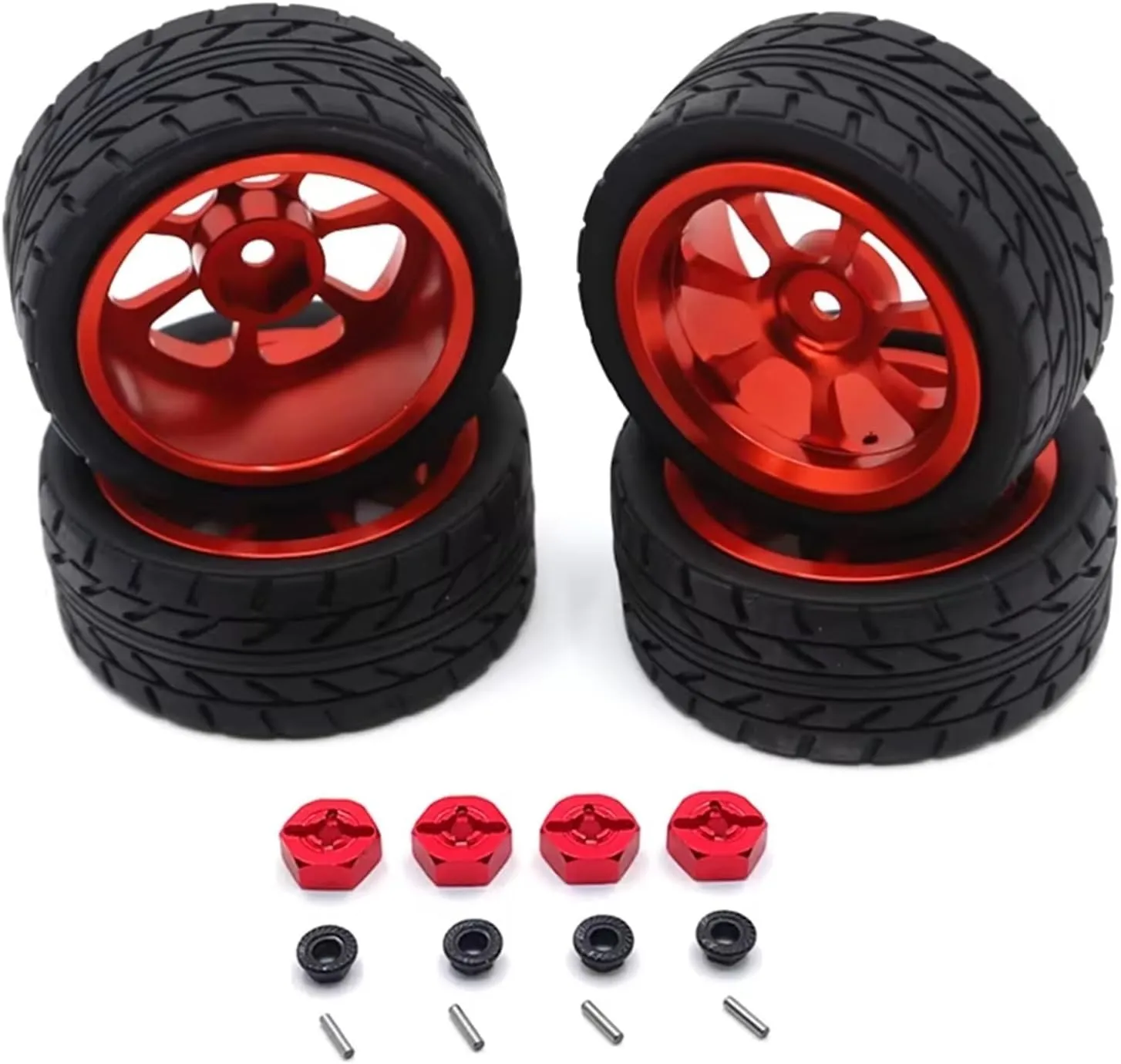 RC Car Accessories Compatible with Wltoys 144001 144010 124007 124016 124019 A959 A959-B RC Car Upgrade Parts 4pcs 65mm Rubber Tire Metal Wheel Rim(Red)