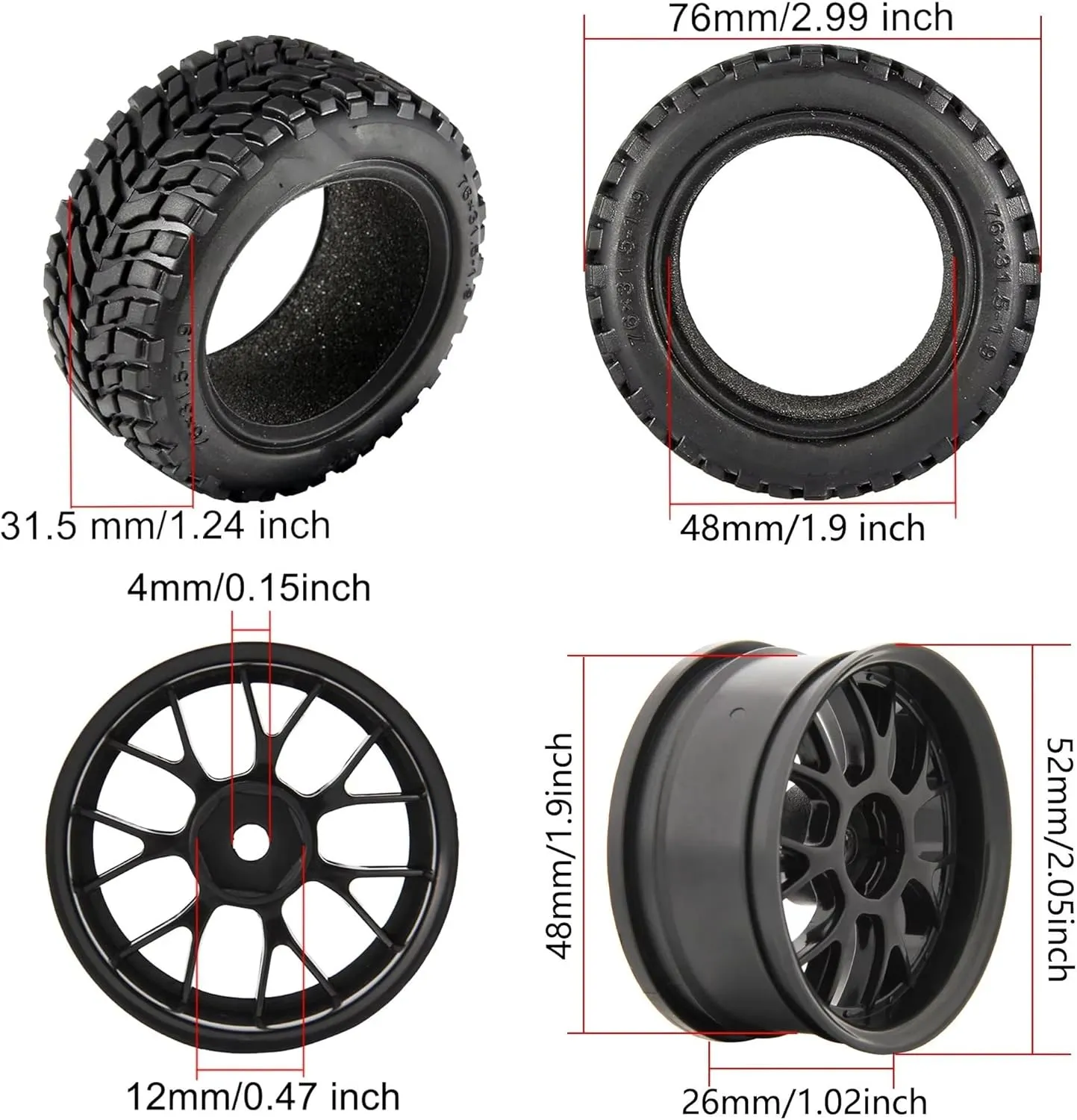 RC Car Parts for Tamiya for Wltoys 144001 1/14 1/16 1/10 for Scx10 for Traxxas for TRX-4 RC Racing Car Parts 1.9 Inch 75mm Off Road Buggy Tires Wheel 12mm Hex Hubs(75mm Wheel)