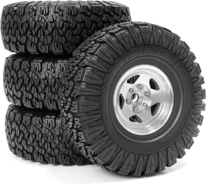 Rc Car Wheel Rim Tire Compatible with Traxxas for TRX4 D90 D110 for Axial for SCX10 1/10 RC Crawler Car 4pcs 115mm 1.9" Metal Beadlock Wheel Rim Rubber Tire Set(Silver)