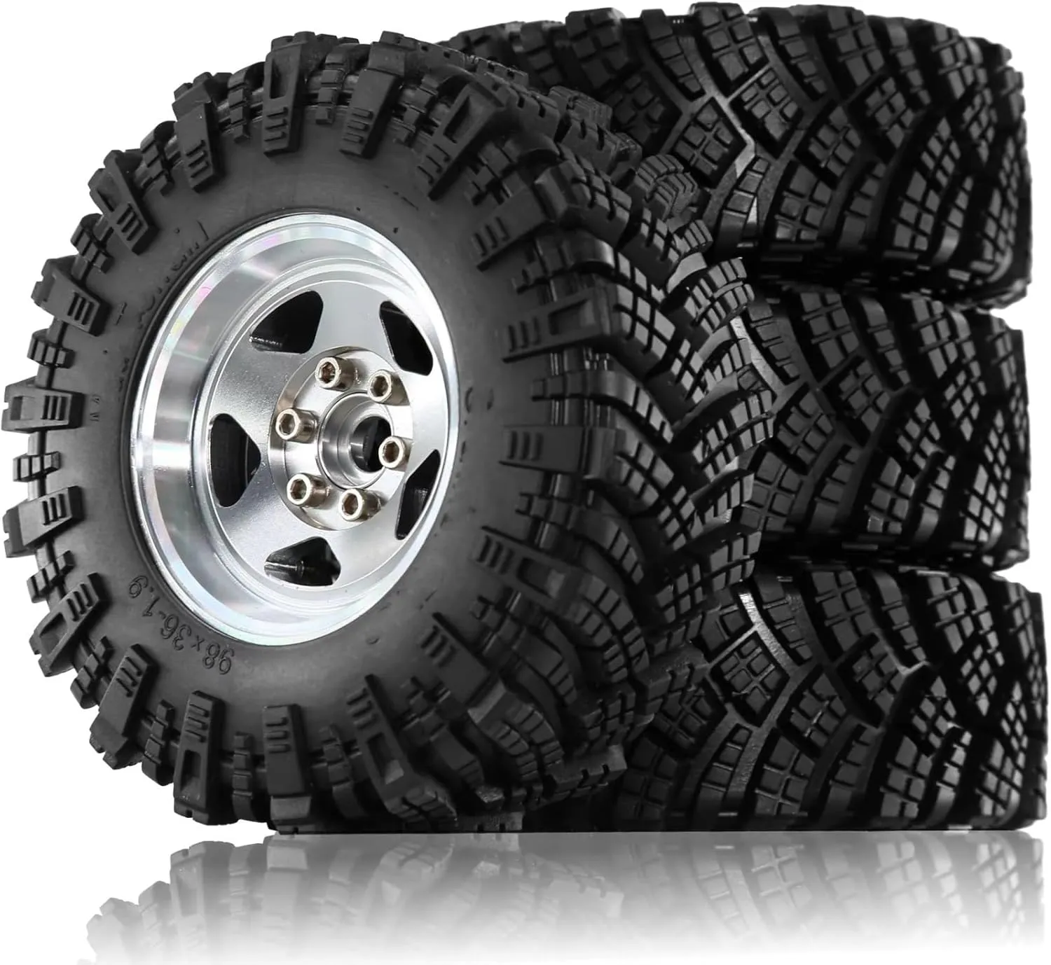 Rc Car Wheel Rim Tire Compatible with TRX4 D90 D110 for Axial for SCX10 for MST 1/10 RC Crawler Car 98mm 1.9" Metal Beadlock Wheel Rim Rubber Tire Set(Silver)