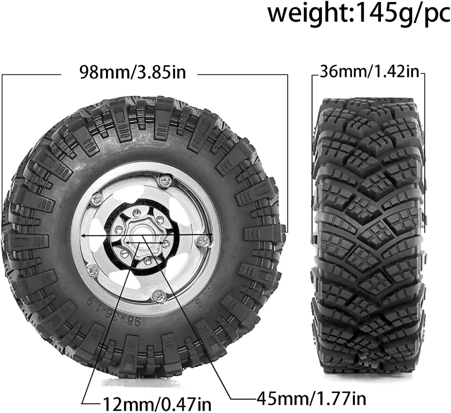 Rc Car Wheel Rim Tire Compatible with TRX4 D90 D110 for Axial for SCX10 for MST 1/10 RC Crawler Car 98mm 1.9" Metal Beadlock Wheel Rim Rubber Tire Set(Silver)