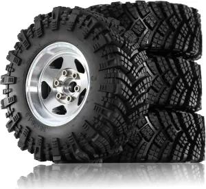 Rc Car Wheel Rim Tire Compatible with TRX4 D90 D110 for Axial for SCX10 for MST 1/10 RC Crawler Car 98mm 1.9" Metal Beadlock Wheel Rim Rubber Tire Set(Silver)