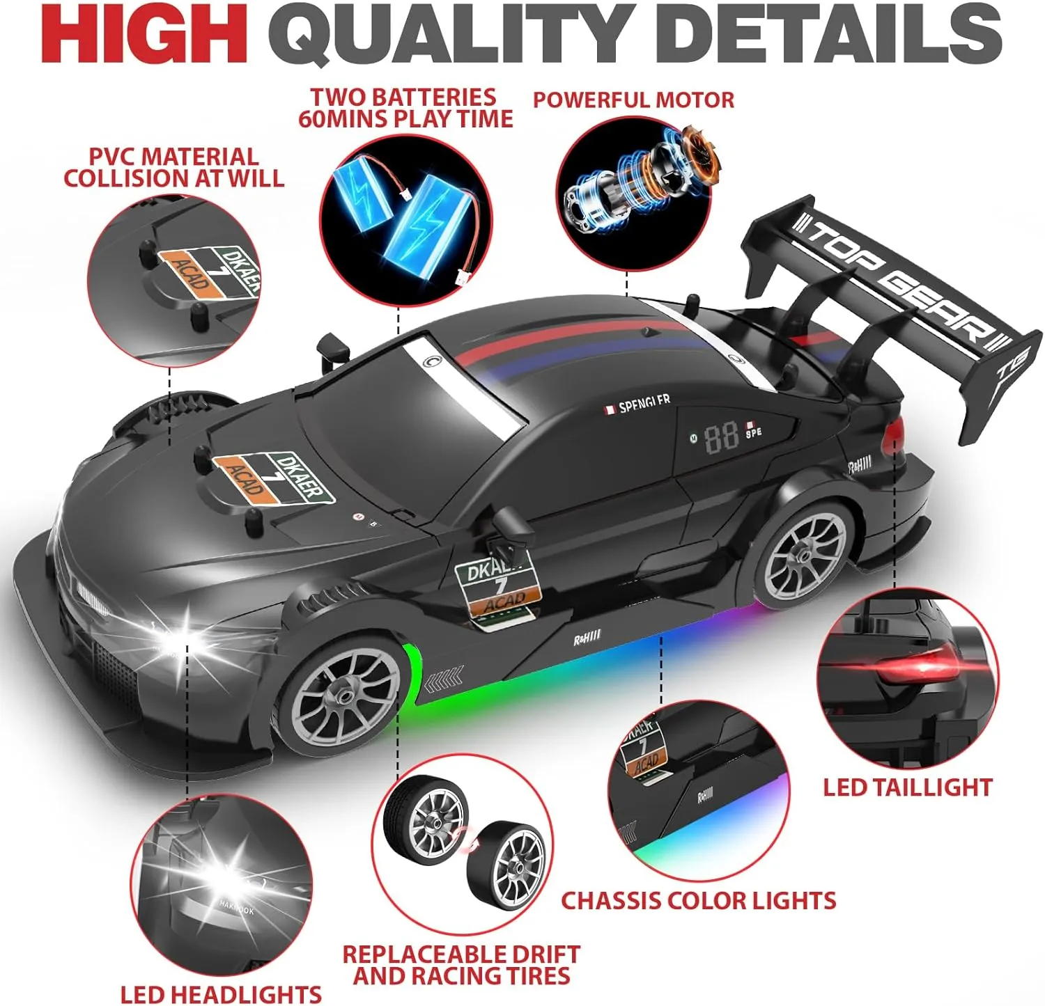 RC Drift Car 1:16, 2.4GHz 4WD Remote Control Car, 30 KM/H High Speed Drifting RC Cars with LED Lights Two Batteries and Drift Tires Racing Cars for Adults Boys Kids, Black