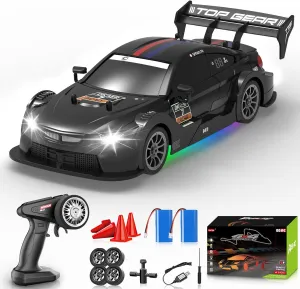 RC Drift Car 1:16, 2.4GHz 4WD Remote Control Car, 30 KM/H High Speed Drifting RC Cars with LED Lights Two Batteries and Drift Tires Racing Cars for Adults Boys Kids, Black