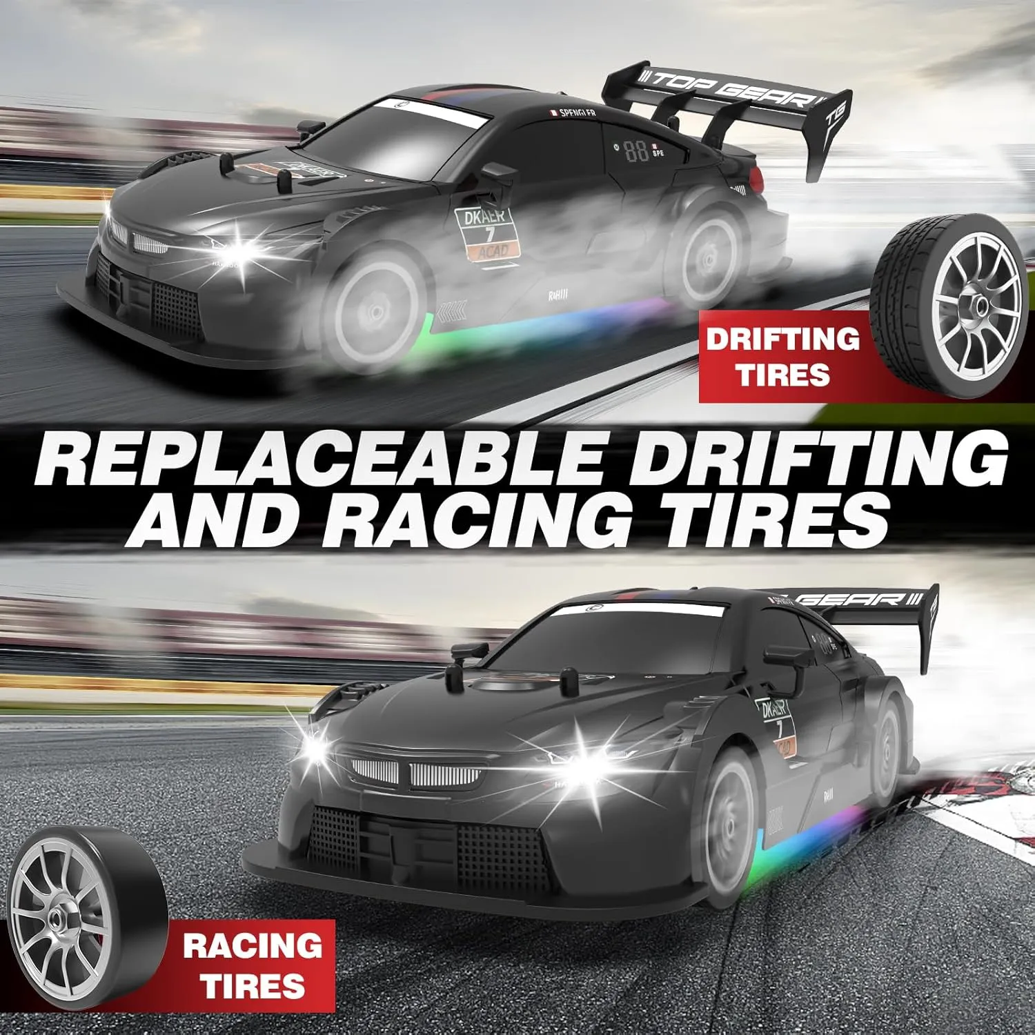 RC Drift Car 1:16, 2.4GHz 4WD Remote Control Car, 30 KM/H High Speed Drifting RC Cars with LED Lights Two Batteries and Drift Tires Racing Cars for Adults Boys Kids, Black