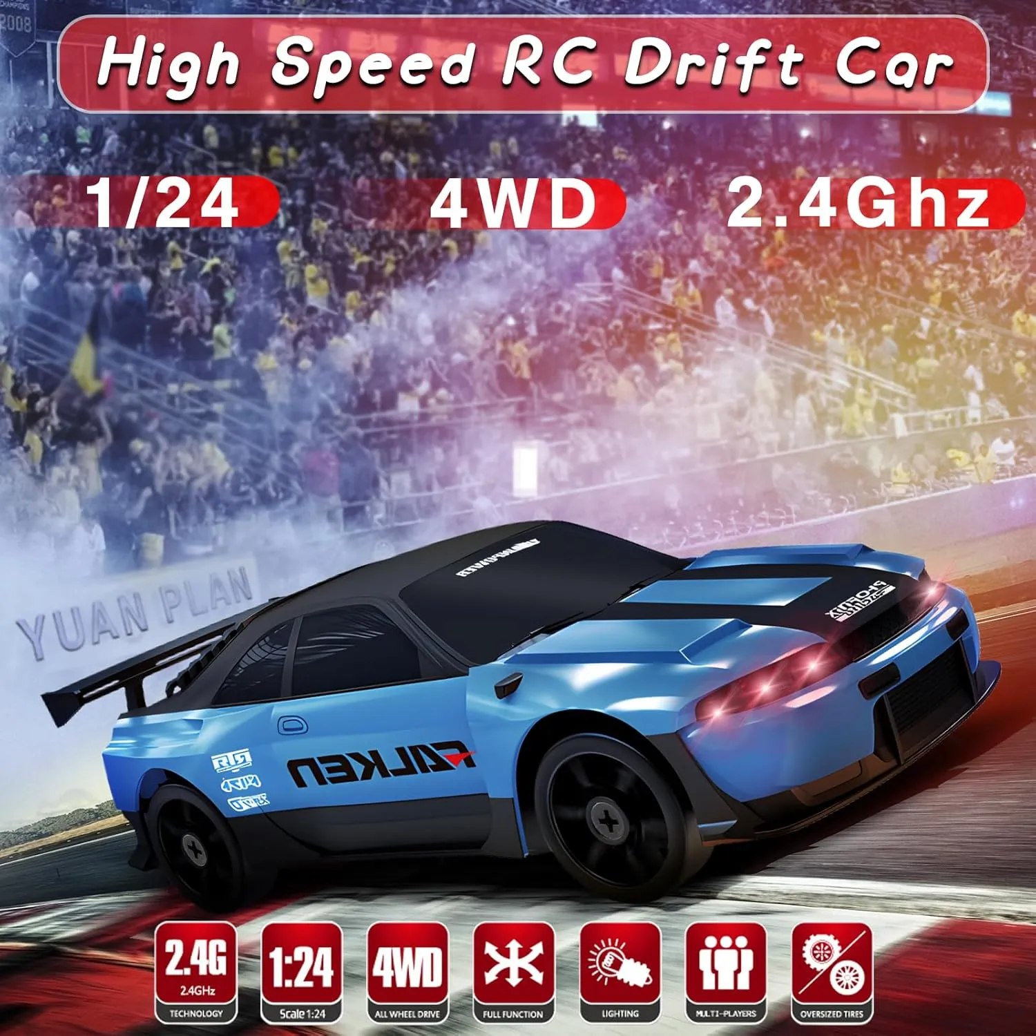 RC Drift Car, 1/24 2.4GHz Remote Control Car 4WD High Speed Drift RC Cars with LED Light, Two Rechargeable Batteries and Drift Tires for Kids Boys Girls and Adults, Blue