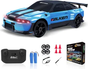 RC Drift Car, 1/24 2.4GHz Remote Control Car 4WD High Speed Drift RC Cars with LED Light, Two Rechargeable Batteries and Drift Tires for Kids Boys Girls and Adults, Blue