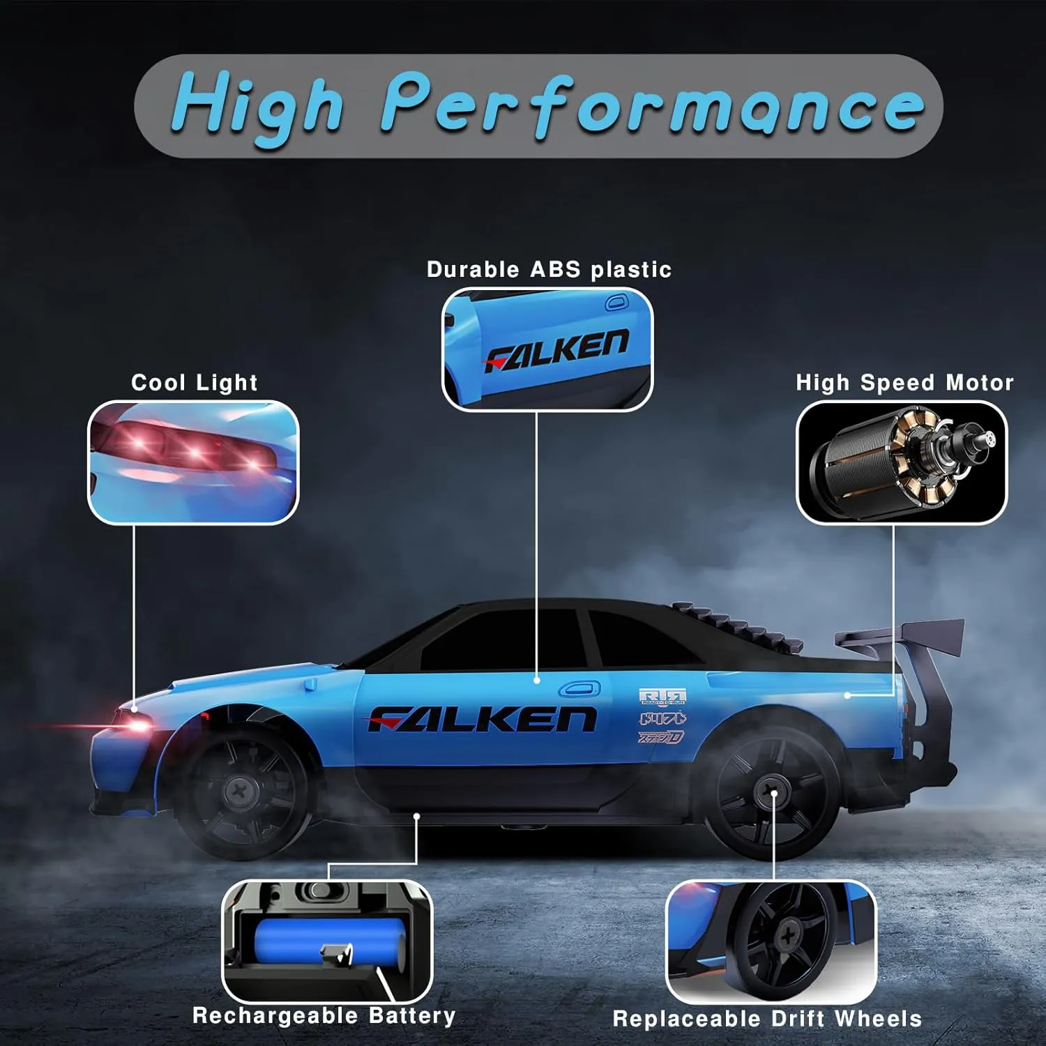 RC Drift Car, 1/24 2.4GHz Remote Control Car 4WD High Speed Drift RC Cars with LED Light, Two Rechargeable Batteries and Drift Tires for Kids Boys Girls and Adults, Blue
