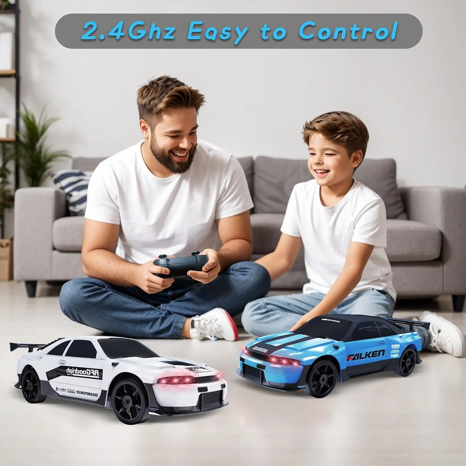 RC Drift Car, 1/24 2.4GHz Remote Control Car 4WD High Speed Drift RC Cars with LED Light, Two Rechargeable Batteries and Drift Tires for Kids Boys Girls and Adults, Blue