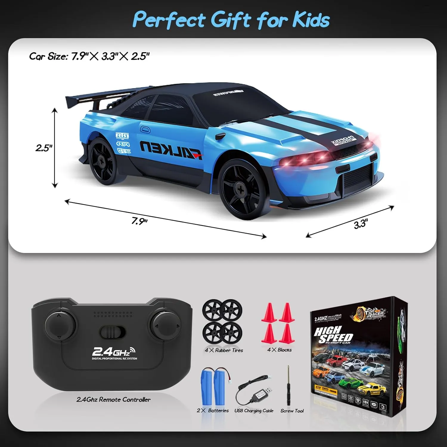 RC Drift Car, 1/24 2.4GHz Remote Control Car 4WD High Speed Drift RC Cars with LED Light, Two Rechargeable Batteries and Drift Tires for Kids Boys Girls and Adults, Blue