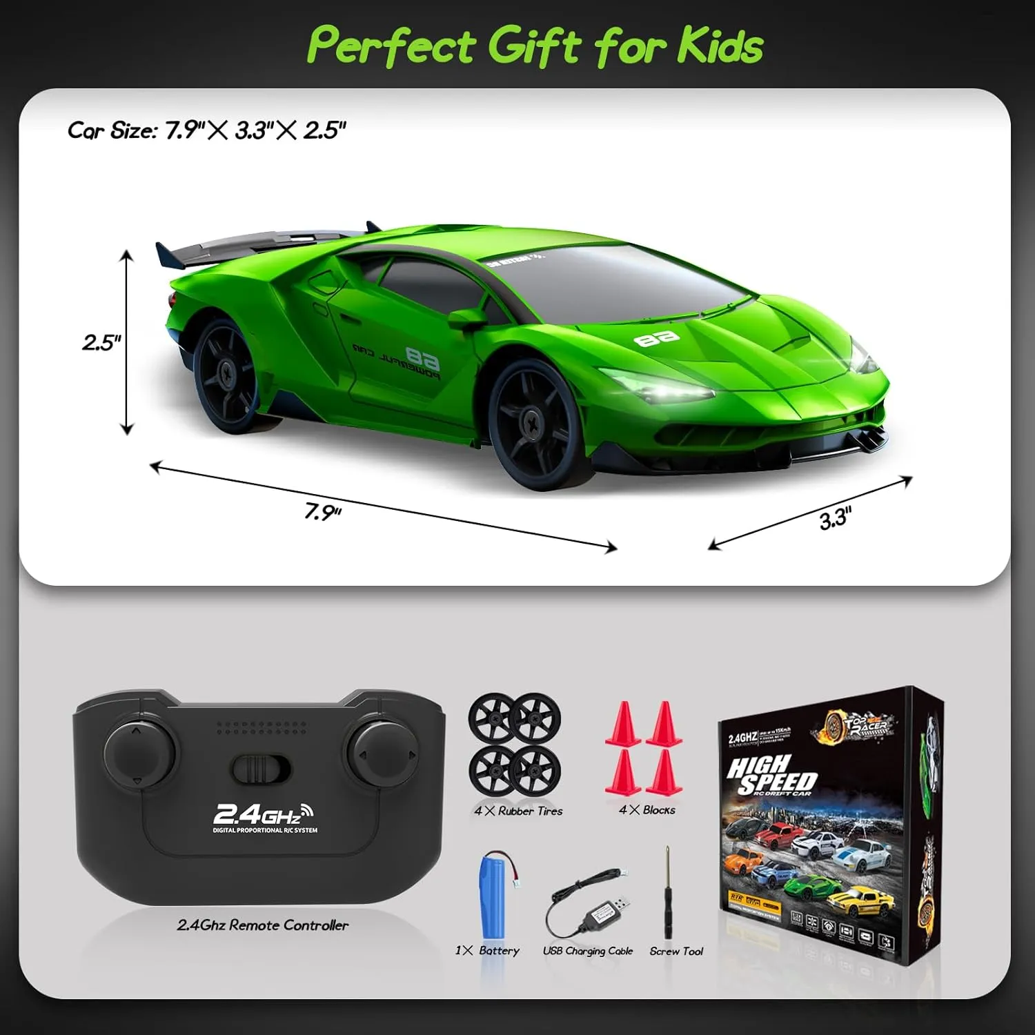 RC Drift Car 1/24 2.4GHz Remote Control Car 4WD High Speed Drifting Cars with Light Rechargeable Battery and Drift Tires RC Cars Toys for Kids Adults Girl Boys, Green