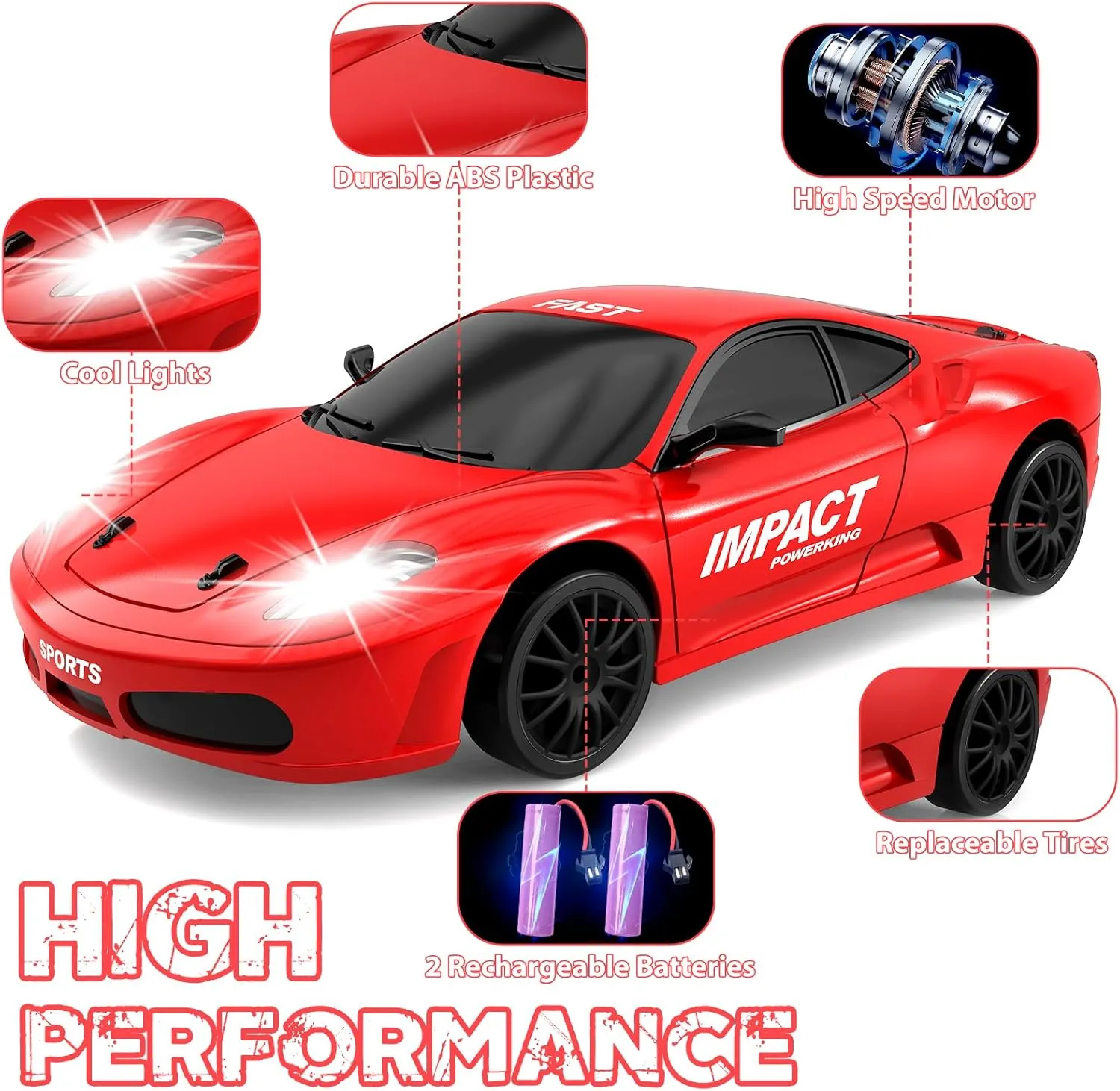 RC Drift Car, 2.4ghz 1/24 High Speed Remote Control Car RC Cars Drifting RC Car Racing Car Model Vehicle, 4WD Fast Drifting Toy Car with LED Lights for Boys Girls Adults (Red)