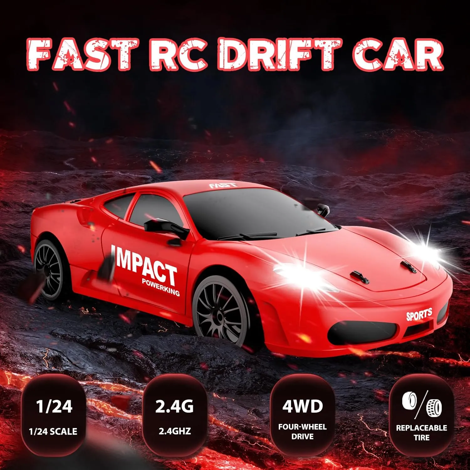 RC Drift Car, 2.4ghz 1/24 High Speed Remote Control Car RC Cars Drifting RC Car Racing Car Model Vehicle, 4WD Fast Drifting Toy Car with LED Lights for Boys Girls Adults (Red)