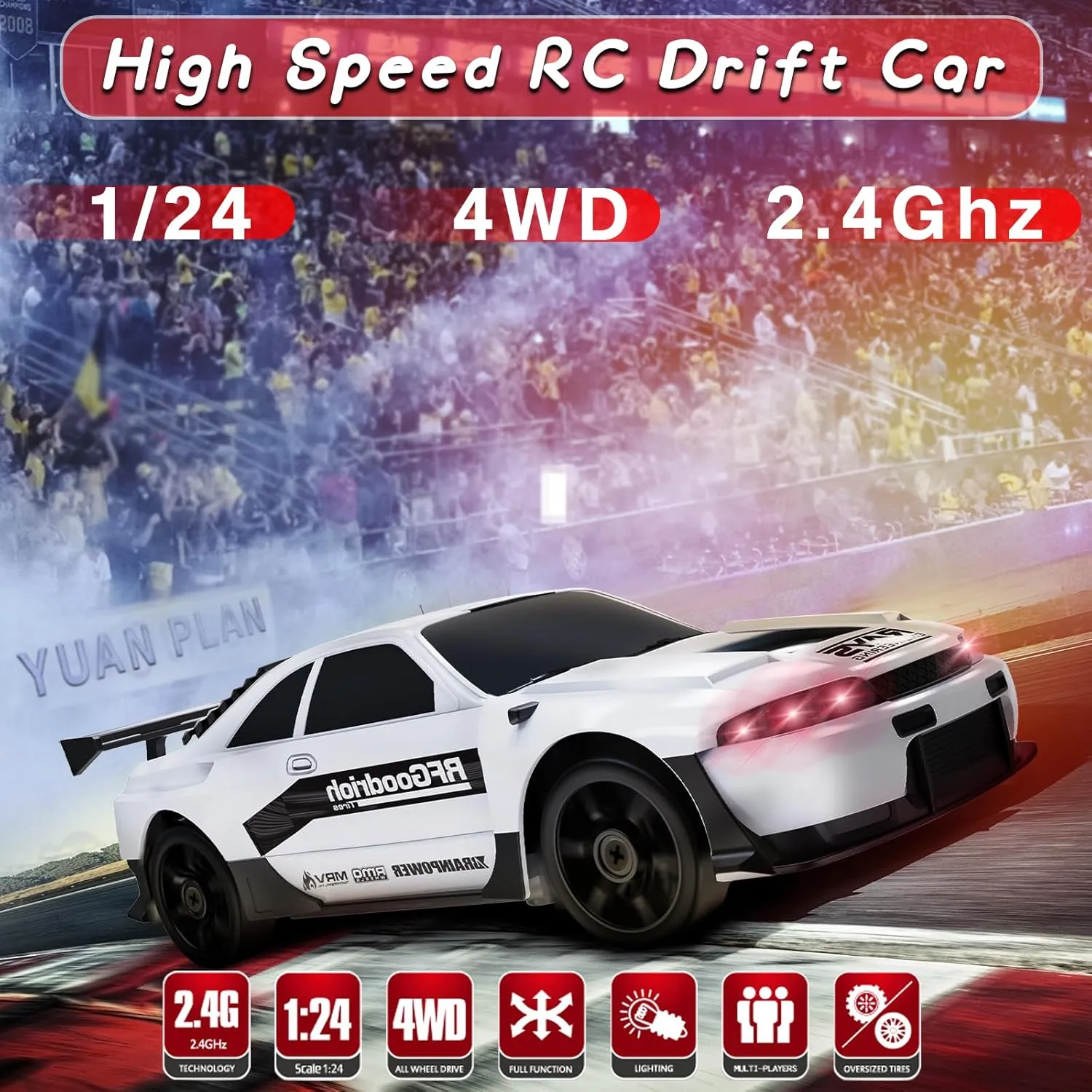 RC Drift Car 2.4GHz 1/24 Remote Control Car 4WD High Speed Drifting Cars with Light Rechargeable Battery and Drift Tires RC Cars Toys for Kids Adults Girl Boys, White