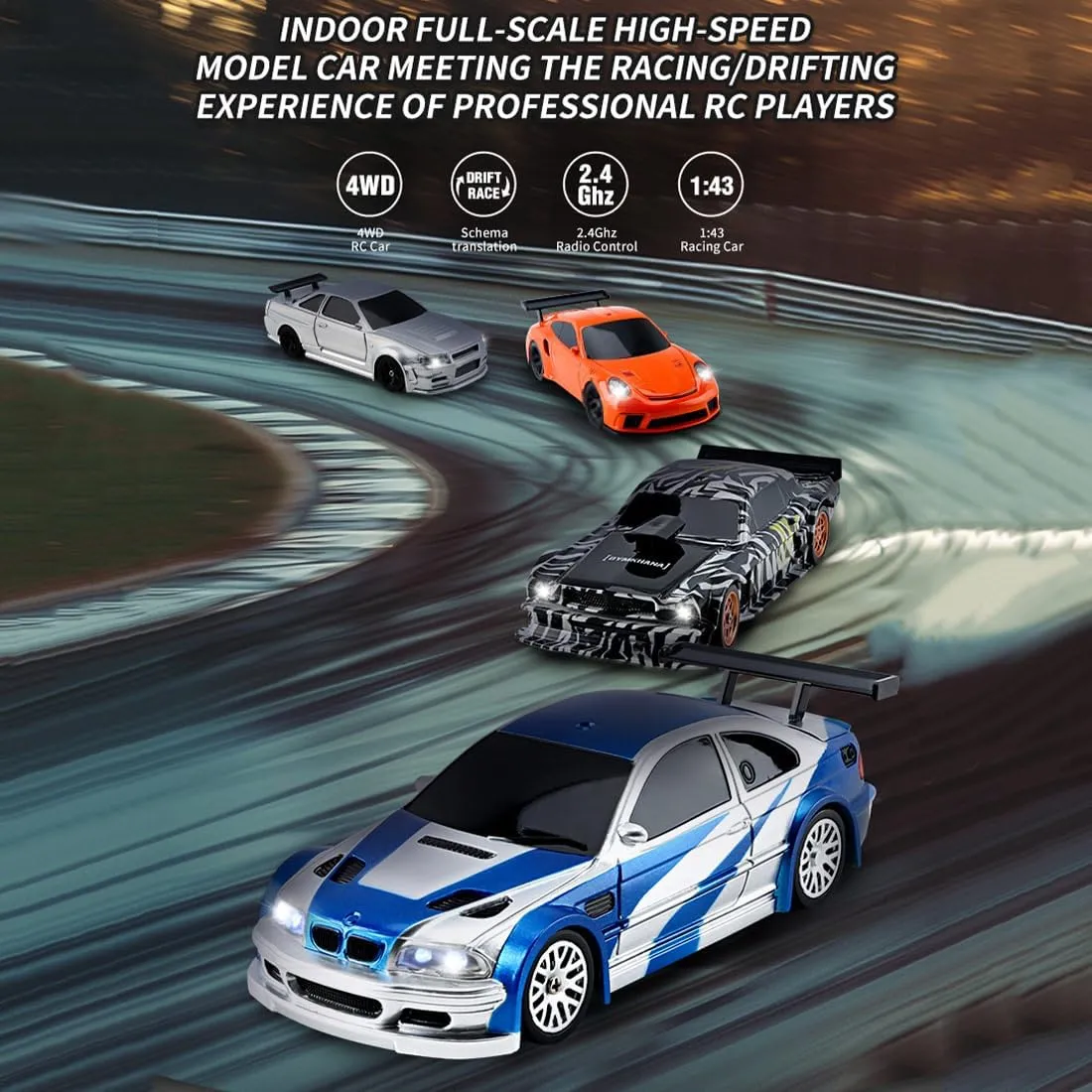 RC Drift Racing Cars, 1/43 Scale 4WD 2.4G Remote Control High Speed Racing Vehicle with Lights Kit, Mini Racing Drift Car Toys for Adults (RTR Version)