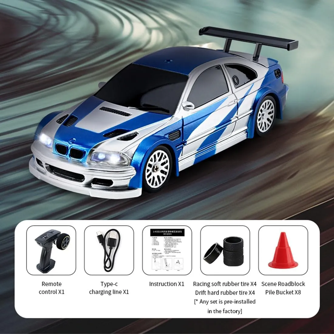 RC Electric Racing Car Model, 1/43 Scale 2.4G Full Proportional Remote Control Racing Drift Car Model with Lights Kit, RC Car Gifts for Adults (RTR Version/Blue&White)