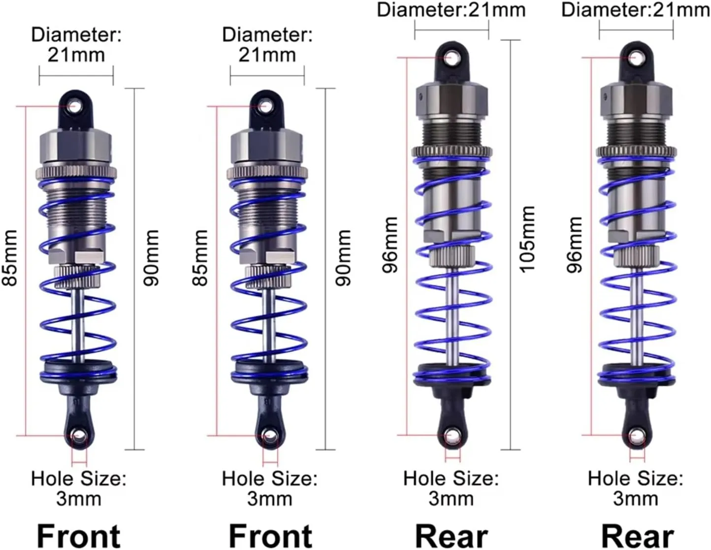 Rc Shock Absorber For Axial For Redcat 1/10 Shock Absorber 92mm Front & 105mm Rear Oil Damper Absorber Damper Suspension RC Car Truck Crawler Parts Replacement(4pcs Front Rear)