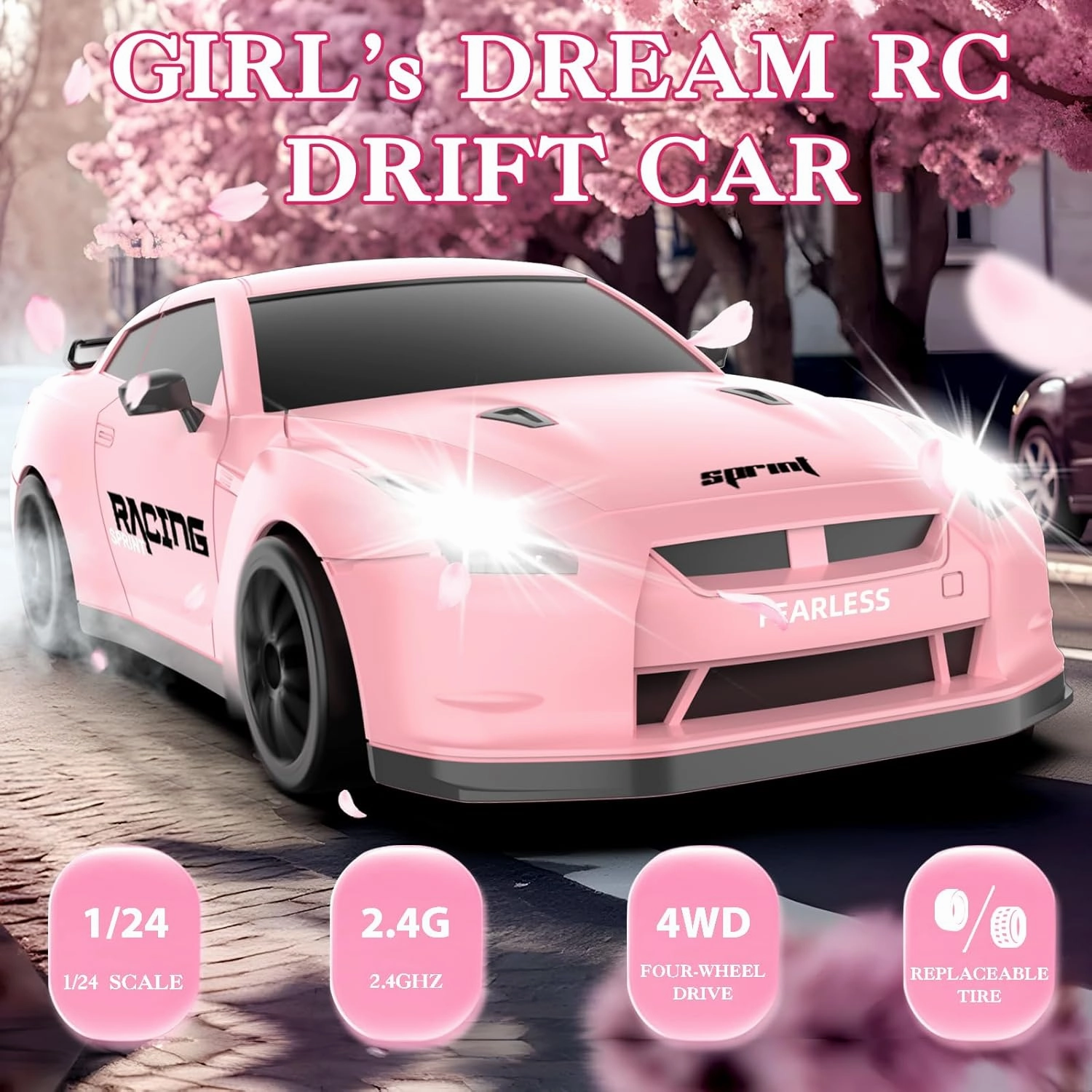 RC Drift Car, 1/24 Pink Remote Control Car for Girls, 2.4GHz 4WD High Speed Drifting RC Cars with LED Light, Two Batteries and Drift Tires, Racing Toy Car for Kids Adults Girl Boys, Pink