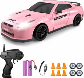 RC Drift Car, 1/24 Pink Remote Control Car for Girls, 2.4GHz 4WD High Speed Drifting RC Cars with LED Light, Two Batteries and Drift Tires, Racing Toy Car for Kids Adults Girl Boys, Pink