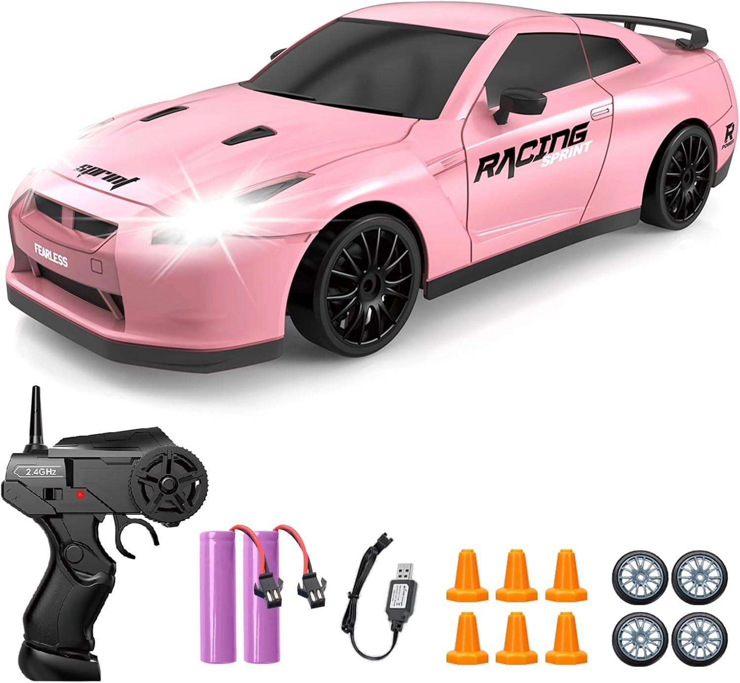 RC Drift Car, 1/24 Pink Remote Control Car for Girls, 2.4GHz 4WD High Speed Drifting RC Cars with LED Light, Two Batteries and Drift Tires, Racing Toy Car for Kids Adults Girl Boys, Pink