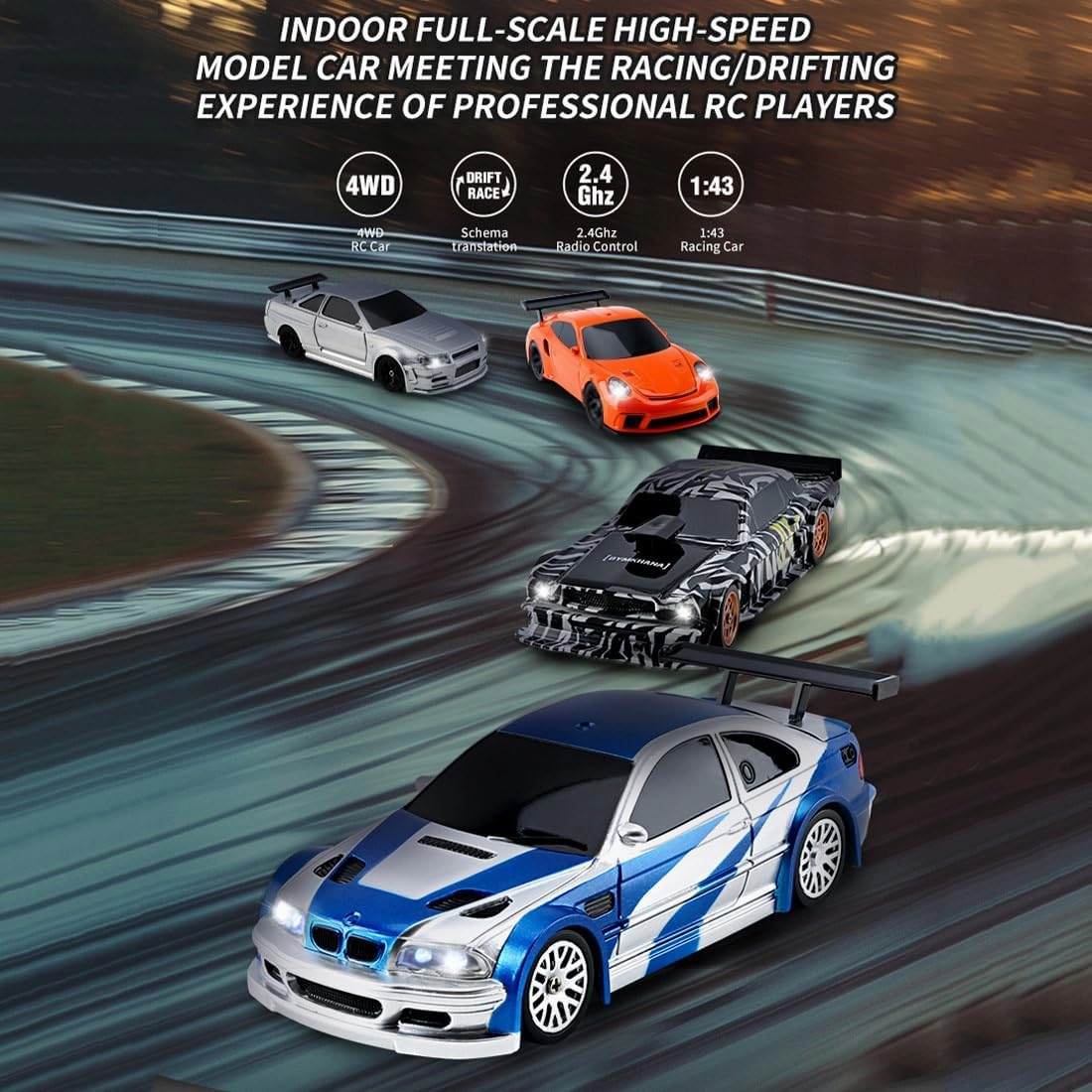 RC Drift Car, 1/43 RC Drifting Car Model with Lights Kit, Ready to Run High Speed Mini Remote Control Racing Car for Adults (RTR Version/Black White)
