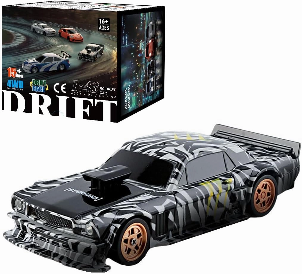RC Drift Car, 1/43 RC Drifting Car Model with Lights Kit, Ready to Run High Speed Mini Remote Control Racing Car for Adults (RTR Version/Black White)