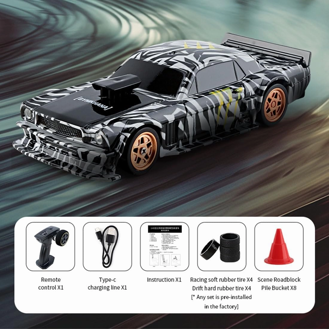 RC Drift Car, 1/43 RC Drifting Car Model with Lights Kit, Ready to Run High Speed Mini Remote Control Racing Car for Adults (RTR Version/Black White)