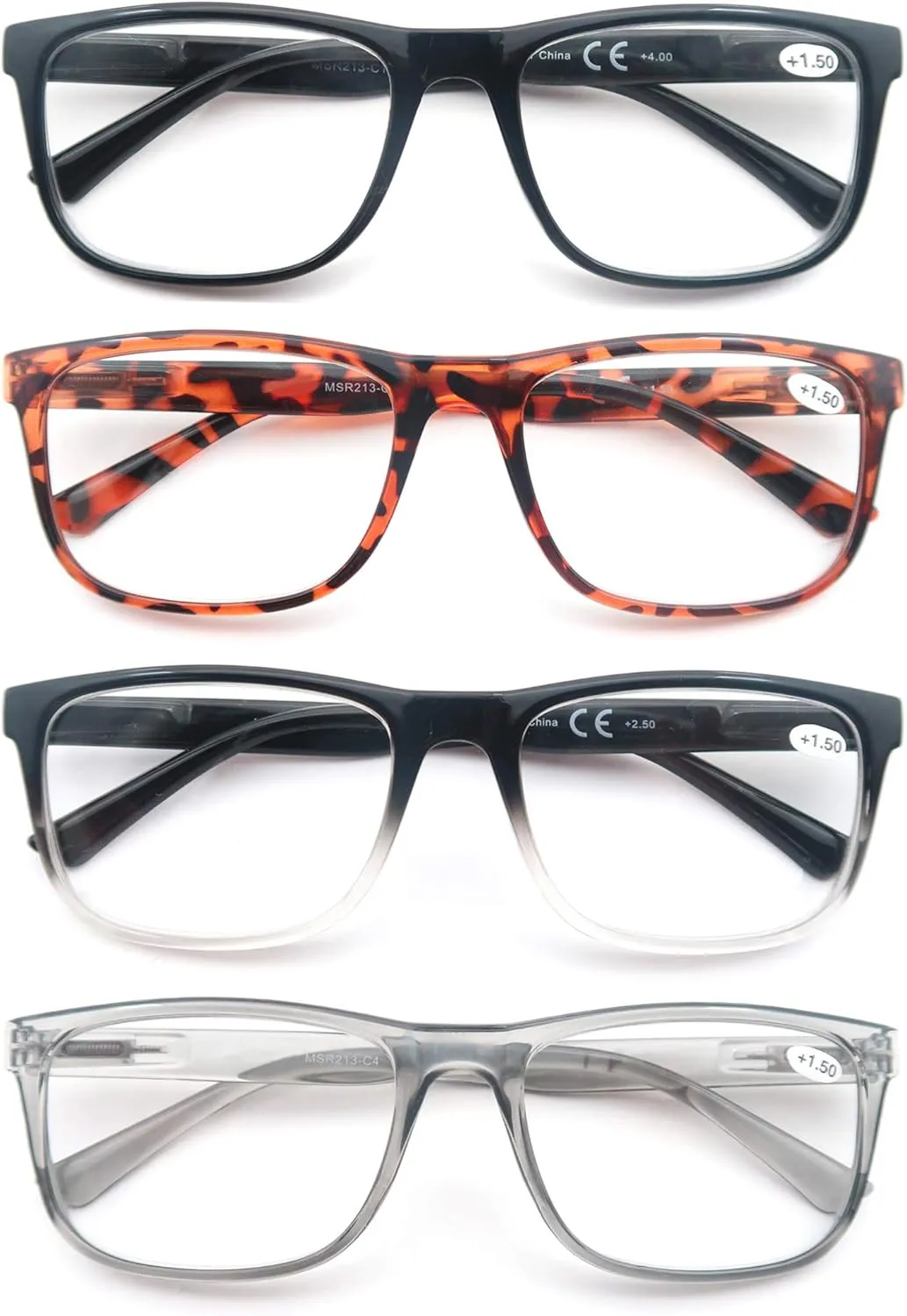 Reading Glasses 1.75 Oversized Large Square Men Readers 4 Pack,Comfort Lightweight Eyeglasses Flexible Spring Hinge