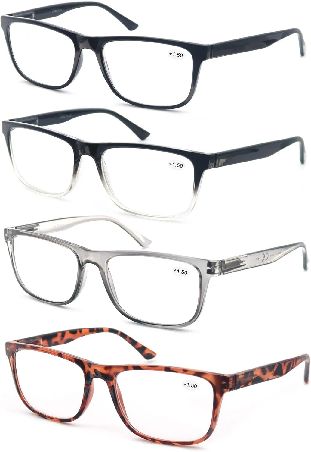 Reading Glasses 1.75 Oversized Large Square Men Readers 4 Pack,Comfort Lightweight Eyeglasses Flexible Spring Hinge