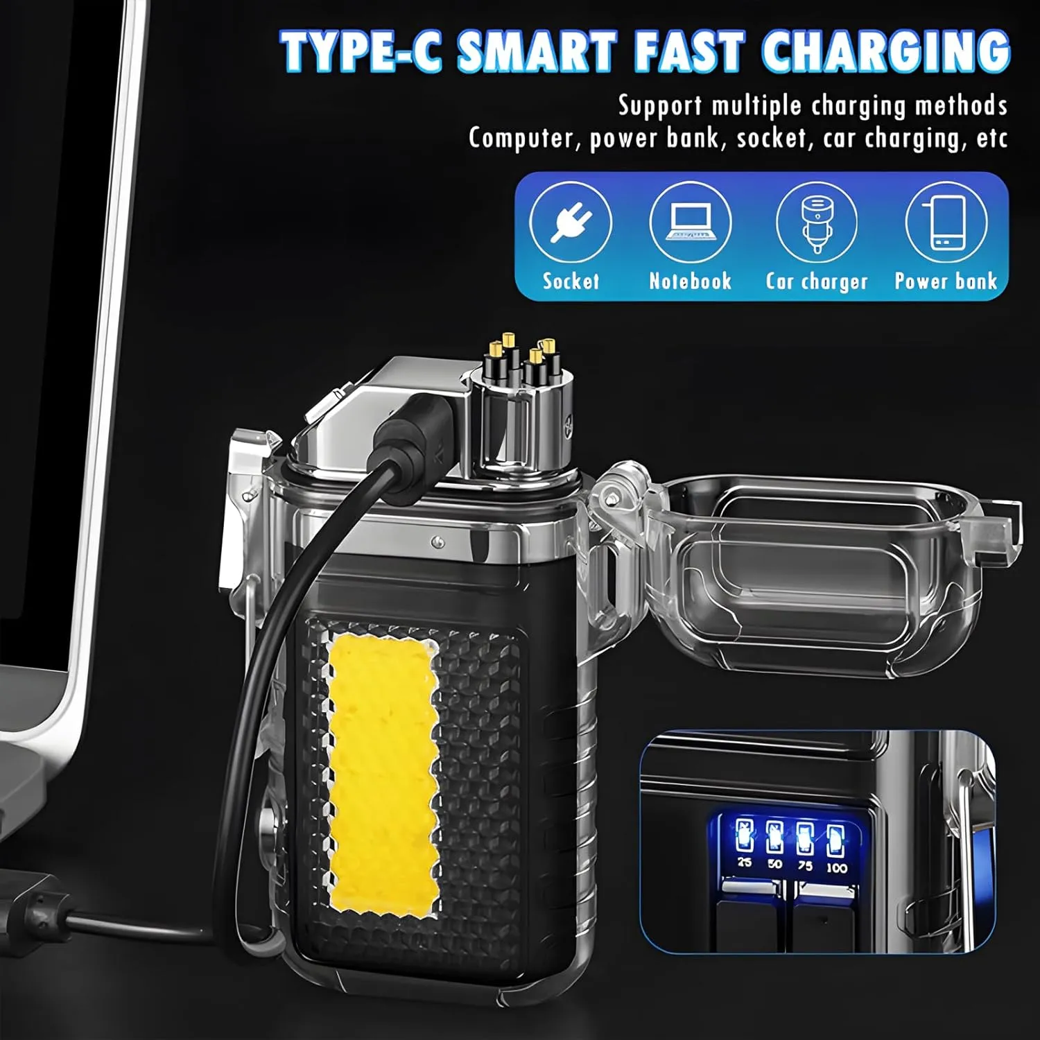 Rechargeable Electric Lighter with 360° Flexible Long Neck, Waterproof Plasma Lighters, USB Windproof Arc Lighters, Transparent Body & LED Battery Display & COB Light for Camping Outdoor (Gradient A)