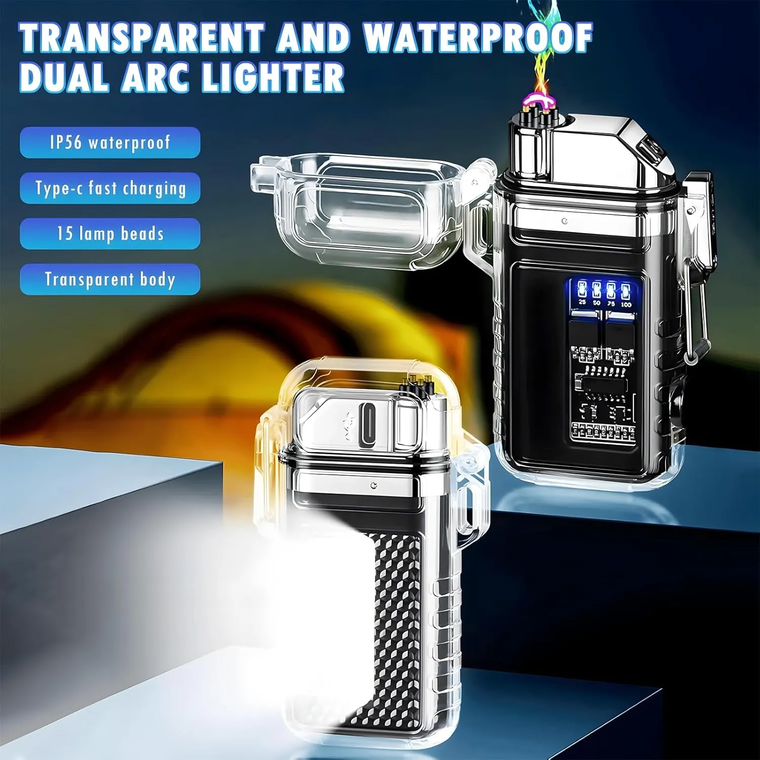 Rechargeable Electric Lighter with 360° Flexible Long Neck, Waterproof Plasma Lighters, USB Windproof Arc Lighters, Transparent Body & LED Battery Display & COB Light for Camping Outdoor (Gradient A)