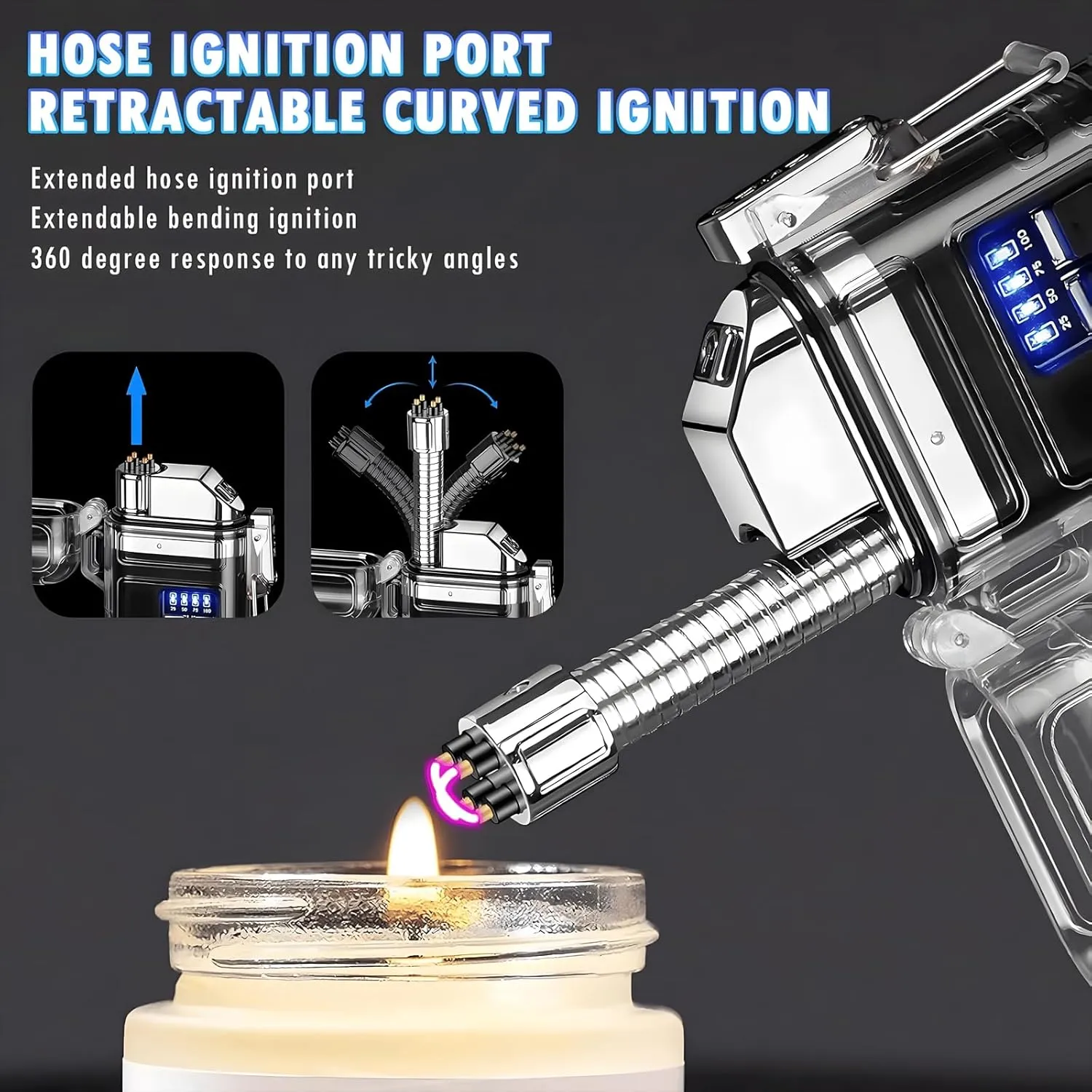 Rechargeable Electric Lighter with 360° Flexible Long Neck, Waterproof Plasma Lighters, USB Windproof Arc Lighters, Transparent Body & LED Battery Display & COB Light for Camping Outdoor (Gradient A)