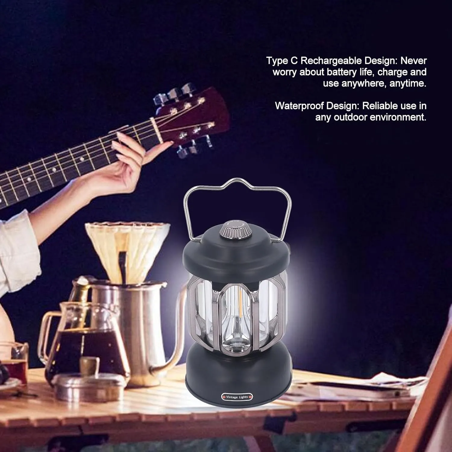 Rechargeable Led Retro Camping Lantern, 3 Modes Dimmable Waterproof Small Hanging Tent Light with Hook for Power Outages, Hiking (Black)