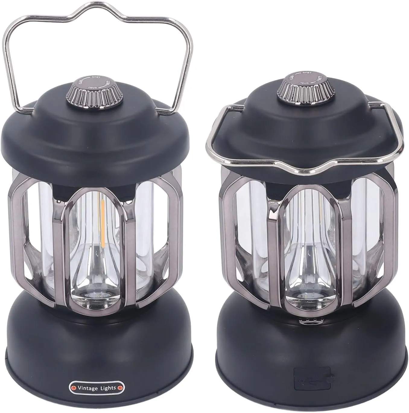 Rechargeable Led Retro Camping Lantern, 3 Modes Dimmable Waterproof Small Hanging Tent Light with Hook for Power Outages, Hiking (Black)