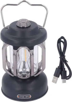 Rechargeable Led Retro Camping Lantern, 3 Modes Dimmable Waterproof Small Hanging Tent Light with Hook for Power Outages, Hiking (Black)