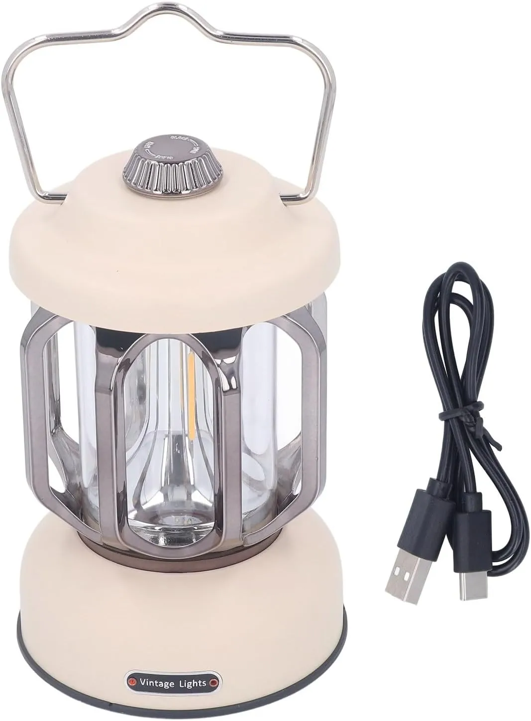 Rechargeable Led Retro Camping Lantern, 3 Modes Dimmable Waterproof Small Hanging Tent Light with Hook for Power Outages, Hiking (White)