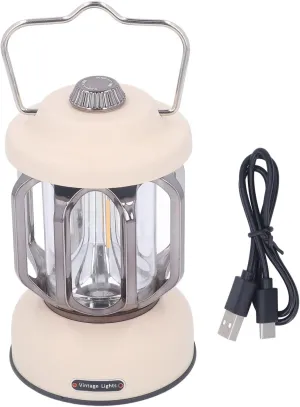 Rechargeable Led Retro Camping Lantern, 3 Modes Dimmable Waterproof Small Hanging Tent Light with Hook for Power Outages, Hiking (White)