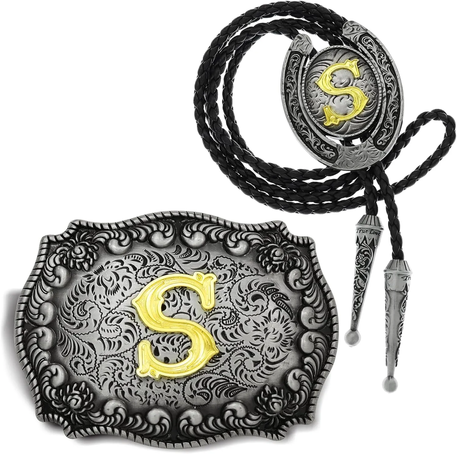 RechicGu 2 Pieces Western Cowboy Belt Buckle Bolo Tie Set Golden Initial Letter ABCJ to Z Rodeo Belt Buckles for Women Men