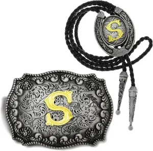 RechicGu 2 Pieces Western Cowboy Belt Buckle Bolo Tie Set Golden Initial Letter ABCJ to Z Rodeo Belt Buckles for Women Men