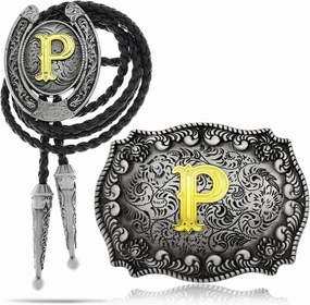 RechicGu 2 Pieces Western Cowboy Belt Buckle Bolo Tie Set Golden Initial Letter ABCJ to Z Rodeo Belt Buckles for Women Men