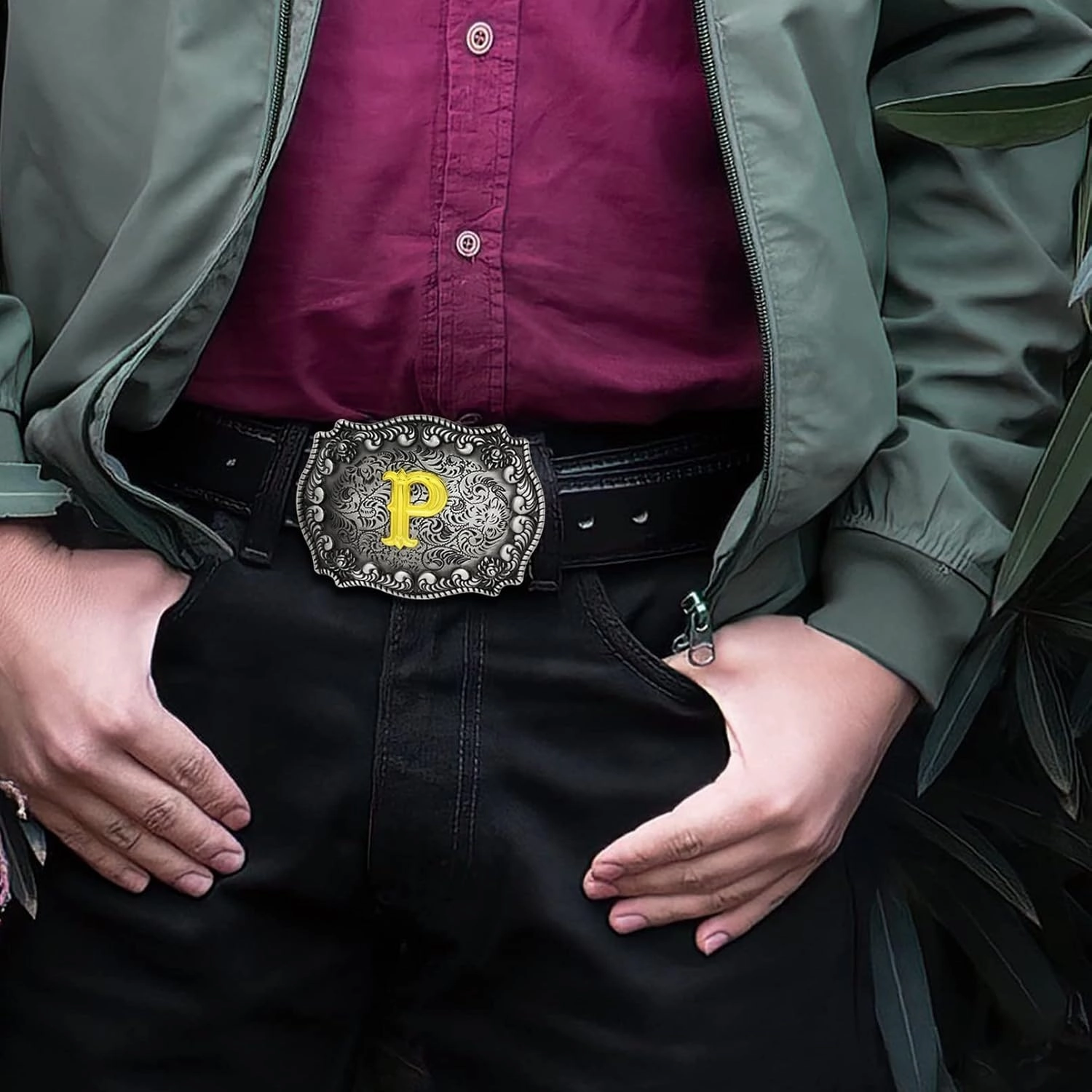 RechicGu 2 Pieces Western Cowboy Belt Buckle Bolo Tie Set Golden Initial Letter ABCJ to Z Rodeo Belt Buckles for Women Men