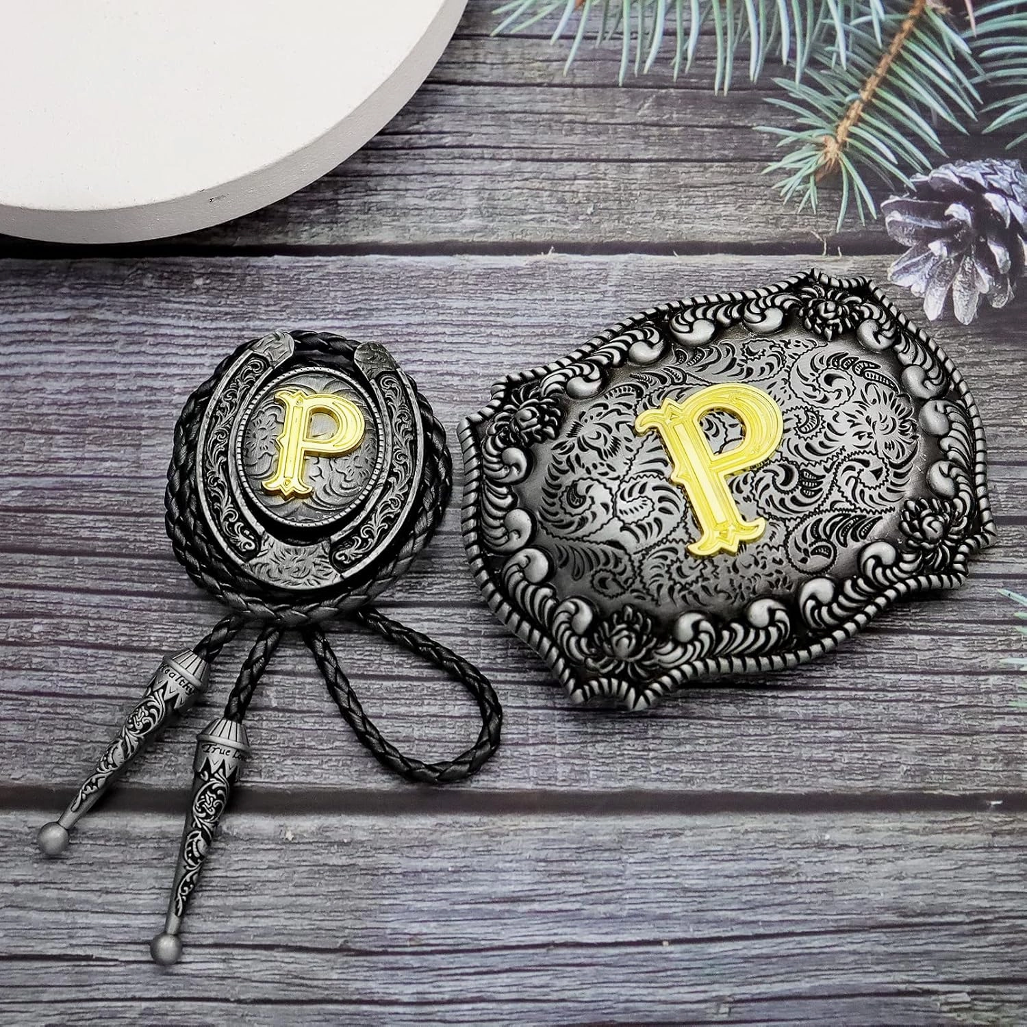 RechicGu 2 Pieces Western Cowboy Belt Buckle Bolo Tie Set Golden Initial Letter ABCJ to Z Rodeo Belt Buckles for Women Men