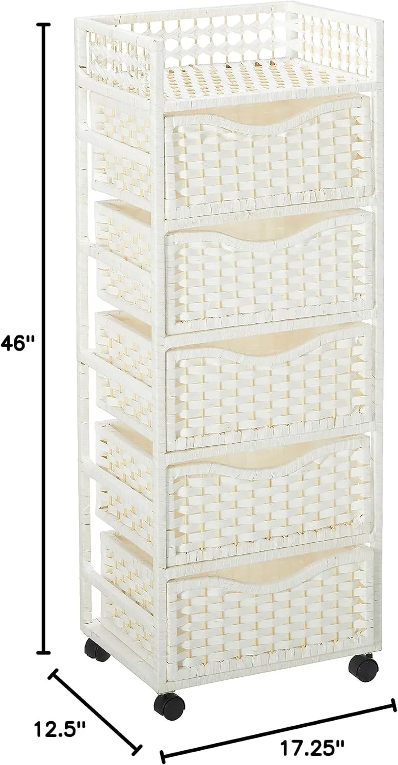 Red Lantern 46" Natural Fiber Chest Wheels-White Unit, 5 Drawer