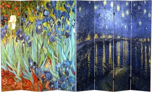 Red Lantern 6 ft. Tall Double Sided Works of Van Gogh Canvas Irises/Starry Night Over Rhone Room Divider, 6 Foot - 4 Panel, Blue