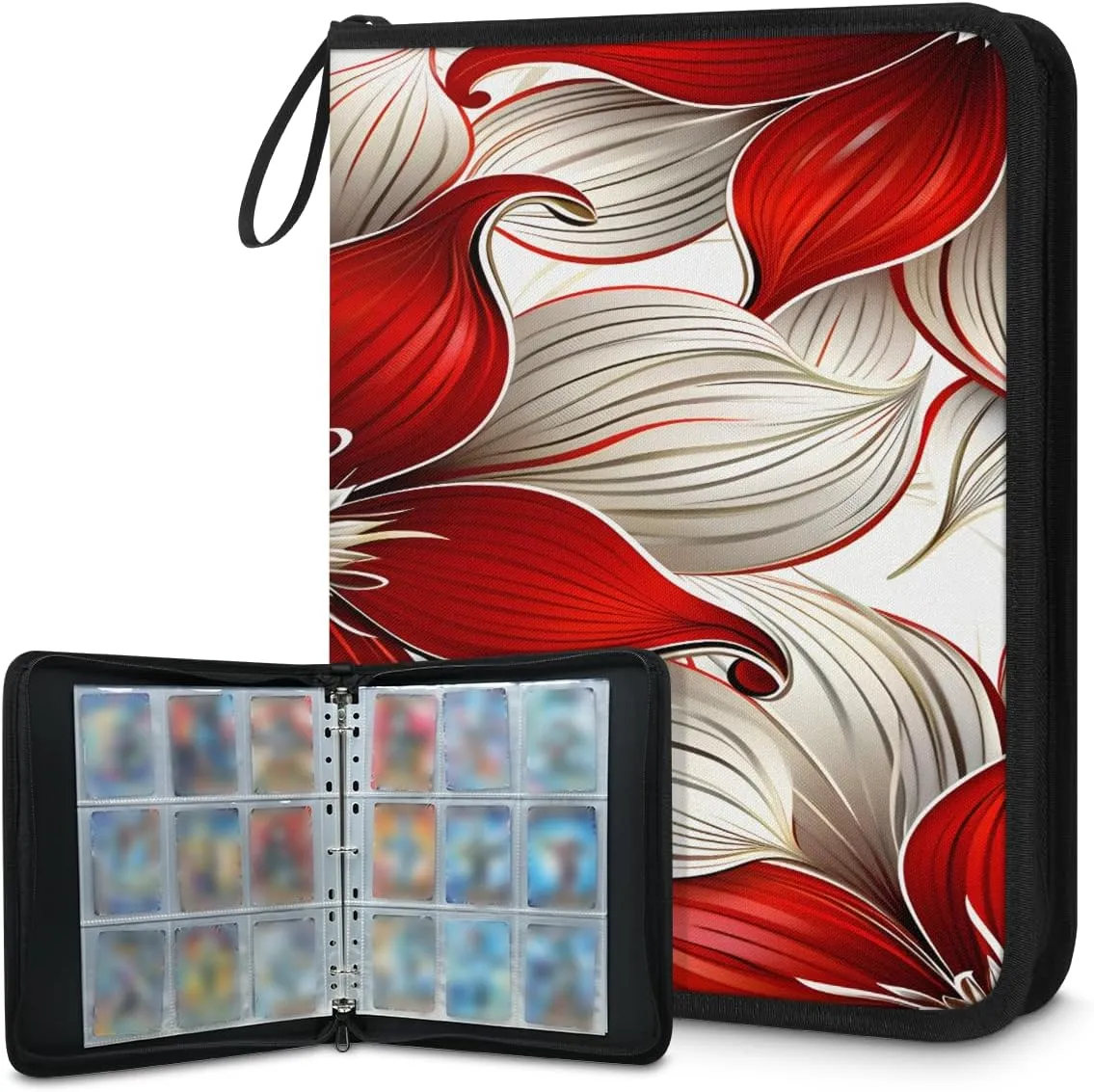 Red White Flowers 3 Ring Trading Zipper Binder Strap, Trading Card Binder 9 Pocket, 900 Pockets Card Holder with 50 Removable Sleeves for Game Cards
