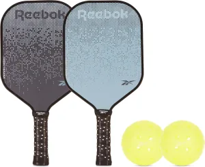 Reebok - Pickleball Set for 2 Players, Fiberglass Power Paddles with 13mm Polypropylene Core, Comfort Grip Handles, Aero Flight Balls, Ideal for Sports and Enthusiasts