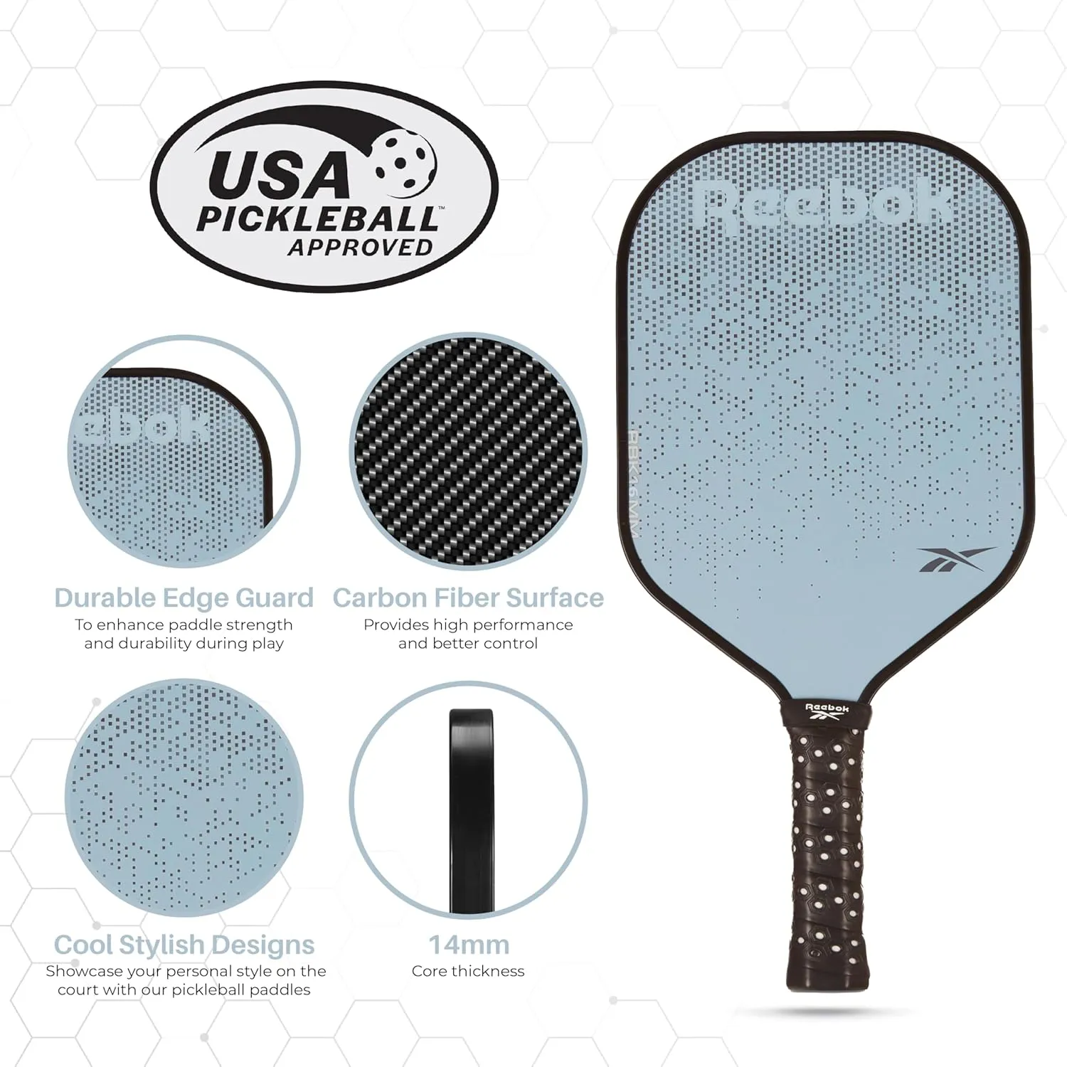 Reebok - Pickleball Set for 2 Players, Fiberglass Power Paddles with 13mm Polypropylene Core, Comfort Grip Handles, Aero Flight Balls, Ideal for Sports and Enthusiasts